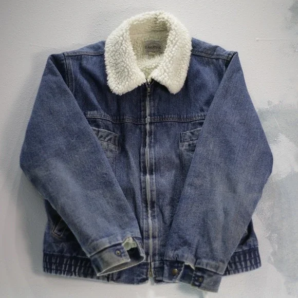 VTG Saugatuck Men XL Sherpa Jacket Dry Goods Denim Trucker 42 Zip Up Bomber Coat